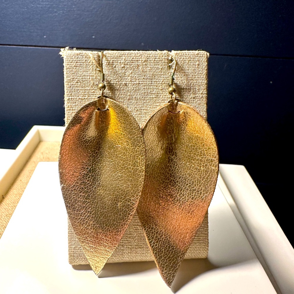 Gold Leather Leaf Earrings